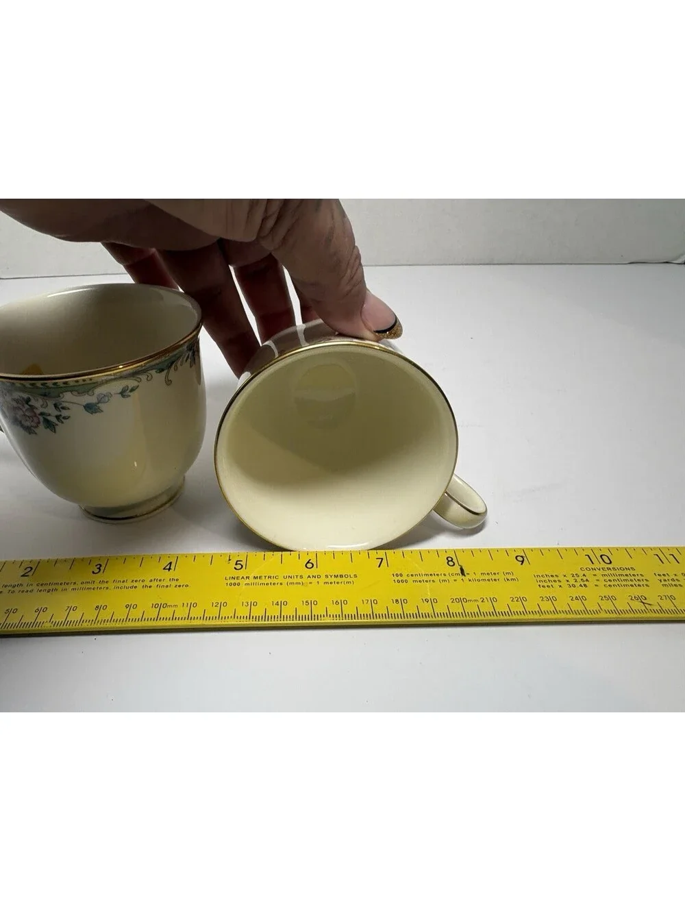 Pair Of Lenox Spring Vista USA Bone China Teacups Gold Rim Green Border